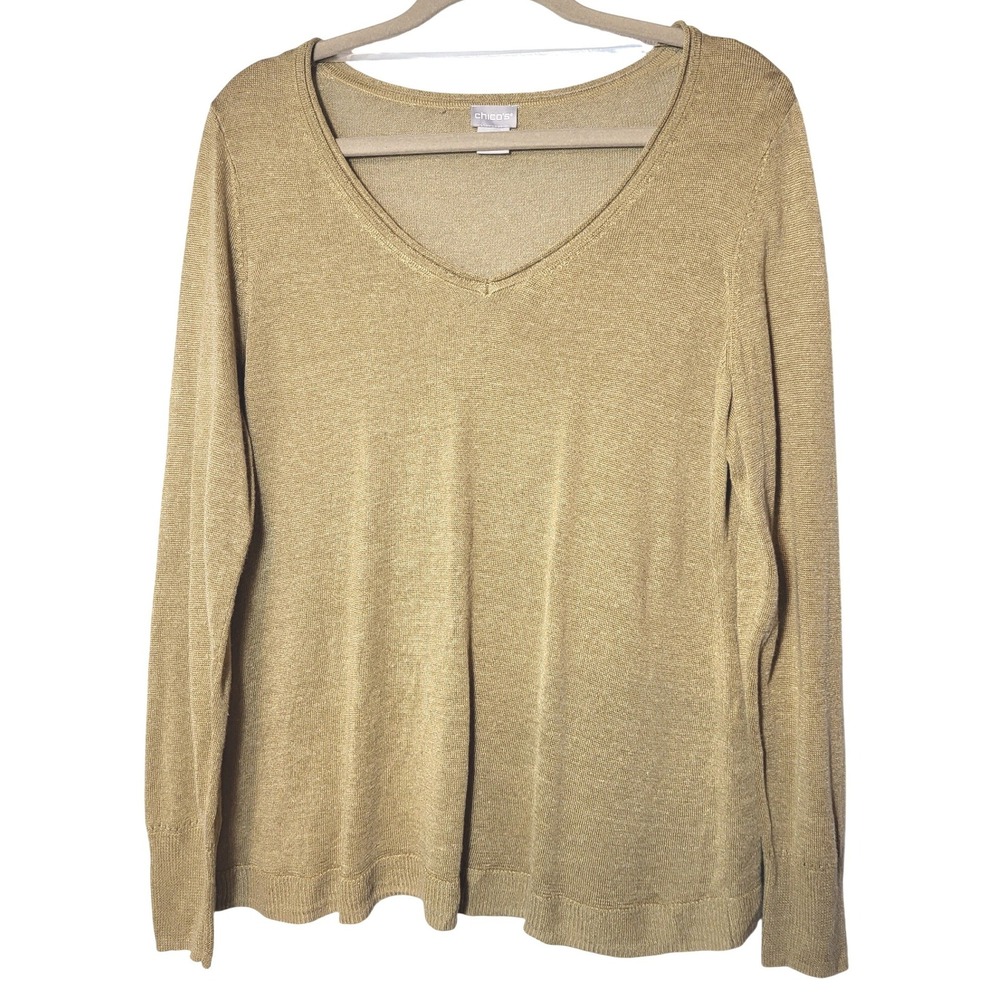 Chico's Tan Linen Blend Rolled V-Neck Long Sleeve Sweater Size 1=Medium Coastal - Picture 1 of 9